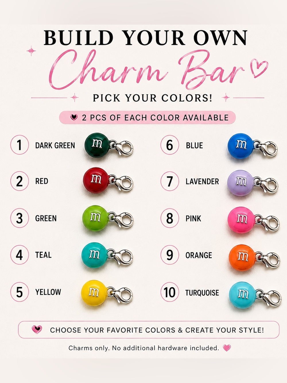Build Your Own Colorful Candy Charm Bar Silver Tone Clip-On Charms